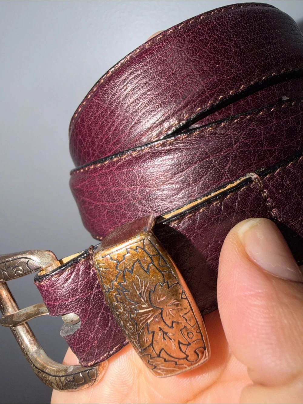 Full Grain Cowhide Leather Belt 36 Burgundy Silver Tone Buckle USA Style